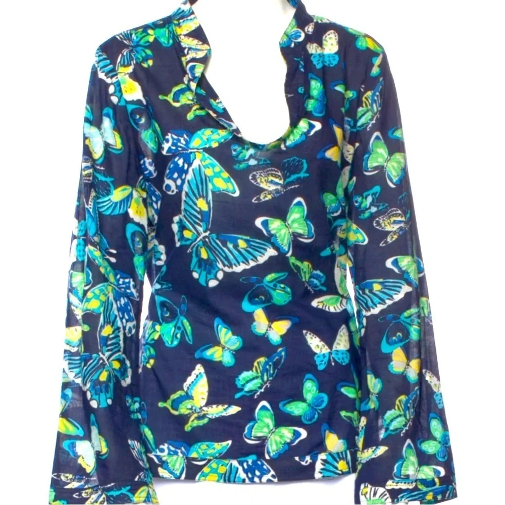 TORY BURCH Stephanie Tunic in Navy Butterfly Print Long Sleeve Top / Tunic